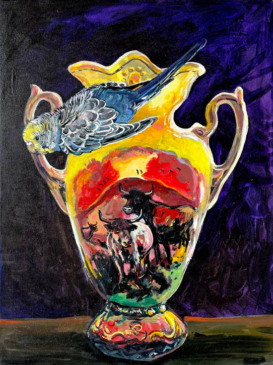 STILL LIFE WITH FACEBOOK MARKETPLACE AND BUDGERIGAR